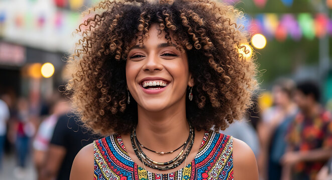 Smiling woman with curly hair outdoors at night
