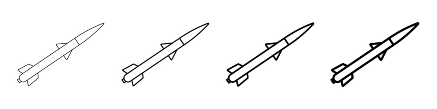 Missile rocket icon set for air defense system, different line weight strokes, isolated on white background