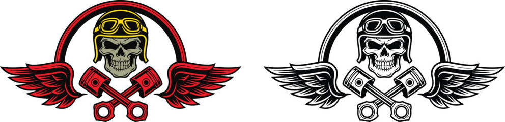 Two striking skull emblems with winged helmets and crossed pistons, one in vibrant red and black, the other in classic black and white, exuding a rebellious spirit © QueenMomtaz 