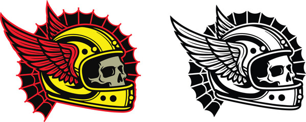 Vintage motorcycle helmet with skull and red wings, a classic emblem for bikers and rock and roll culture, presented in vibrant yellow and red, and a monochrome version © QueenMomtaz 
