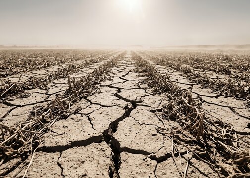 Cracked earth and withered crops in a parched agricultural field during severe drought