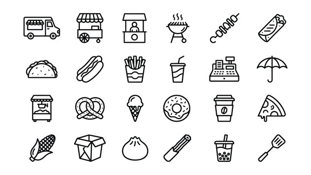 Food icons including truck food cart cash register umbrella taco hotdog fries ice cream pizza pretzel donut coffee boba tea