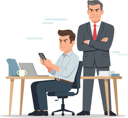 Fototapeta premium Angry Manager Overseeing Lazy Employee Distracted by Smartphone During Office Work Hours Concept Art