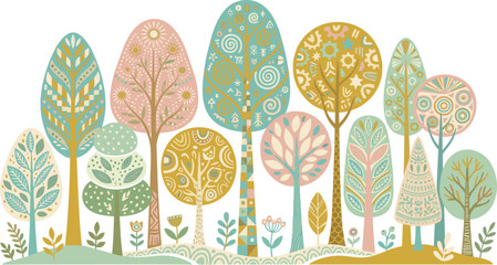 Decorative abstract forest landscape background template, creative stylized pastel trees collection vector illustration. © SANDIP