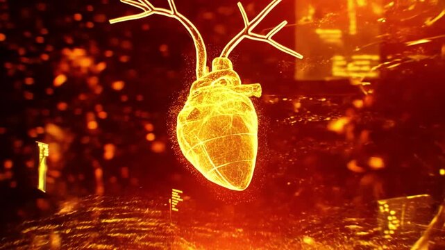 Glowing digital heart floats inside dark futuristic medical interface, framed by flowing data panels, particle sparks, amber streaks, and centered anatomy concept with clinical technology mood
