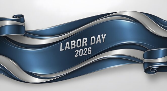 Labor day 2026 blue metallic ribbon banner