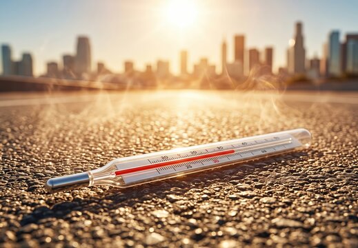 Thermometer on hot asphalt with cityscape in background during sunset