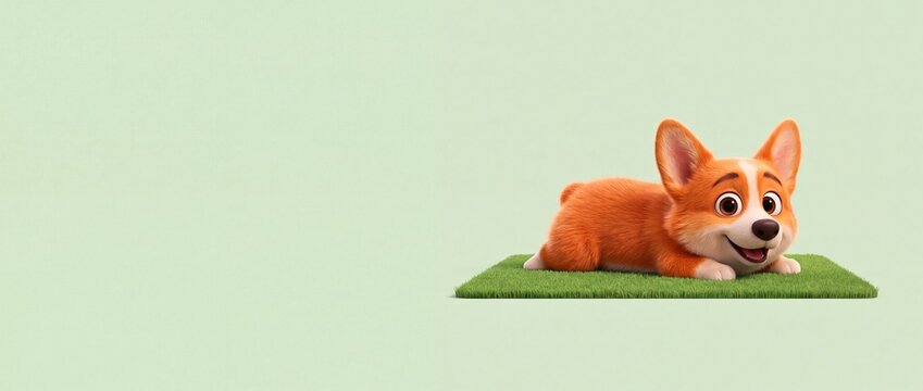 Cute corgi puppy cartoon character lying on grass patch with copy space. Happy animated 3D dog illustration on minimalist pastel green background, cheerful pet mascot banner for design templates.