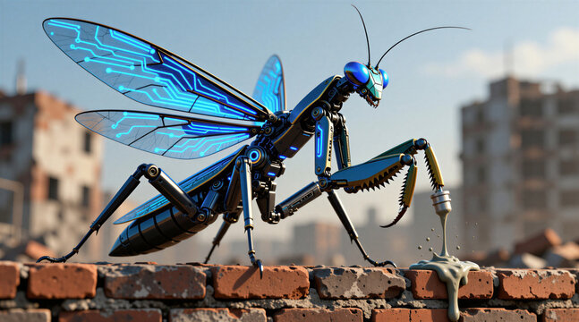 Mechanical praying mantis insect with glowing blue circuits on wings. Robot insect stands on brick wall, drips gray substance. Futuristic biomechanical creature.