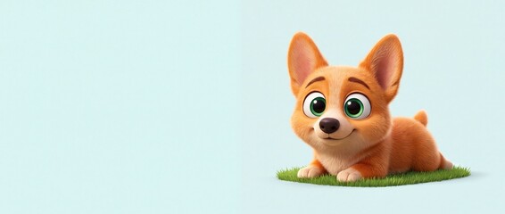 Fototapeta premium Cute cartoon corgi puppy dog lying on green grass with blue background, adorable 3D character illustration with big green eyes and copy space for web banner, greeting card, or pet-themed design.