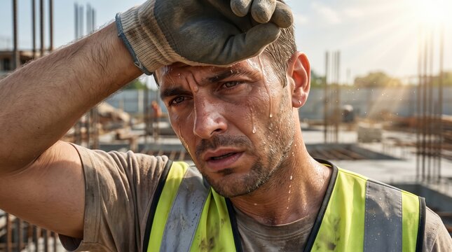 Exhausted Construction Worker Wiping Sweat from Forehead at Site