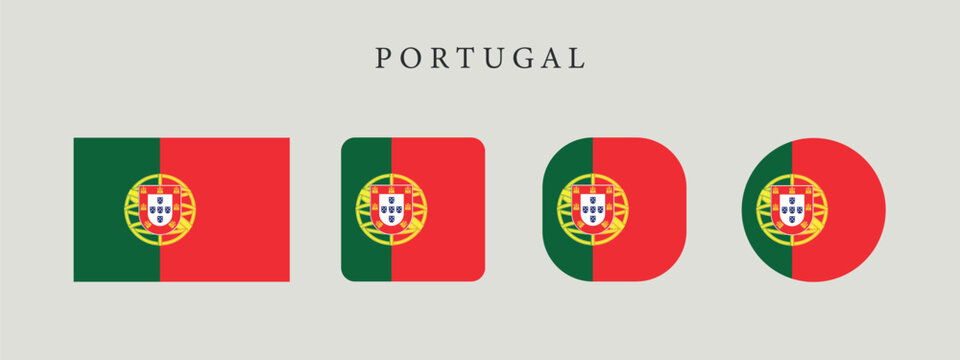 Portugal national flag set in original proportion and different shapes styles. Official Portuguese symbol vector collection