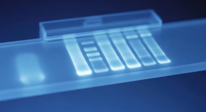 DNA Gel Electrophoresis Bands Illuminated in Blue Laboratory Light