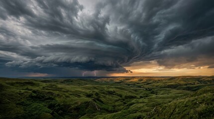 Obraz premium Powerful Supercell Storm and Lightning over Rolling Green Hills