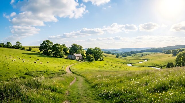 Serene countryside landscape with winding dirt road through green rolling hills and trees under blue sky with fluffy clouds
