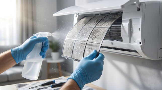 Close up of a technician wearing blue gloves cleaning a dirty air conditioner filter with spray.