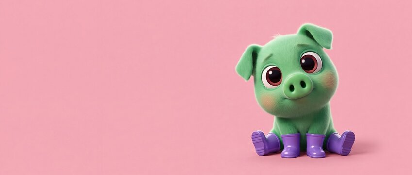 Cute green pig cartoon character sitting in purple rain boots on pastel pink background with copy space, adorable 3D baby piglet animal illustration for banner design and creative kids projects.