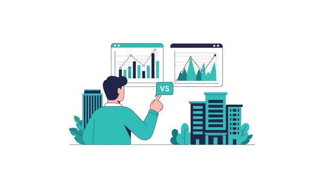 Business Analytics and Data Comparison Illustration: Man Analyzing Financial Charts and KPIs for Corporate Performance Strategy in Modern Flat Design