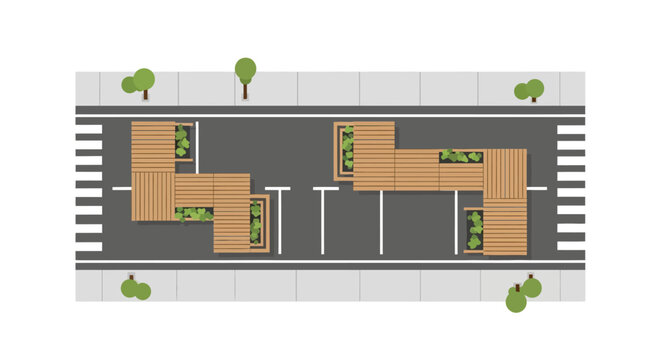 Top View Illustration of Sustainable Urban Parklets and Modular Street Seating in Parking Spaces