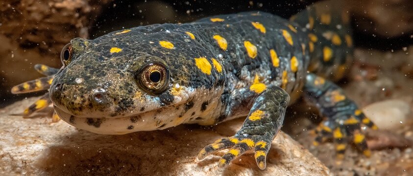 Close-up of a spotted salamander on riverbed rocks for nature education.