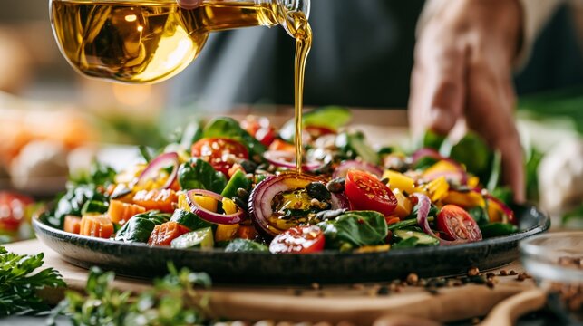 Close-up of hands preparing vegan salad with fresh greens, colorful vegetables, seeds, and olive oil drizzle, natural kitchen lighting, authentic cooking scene