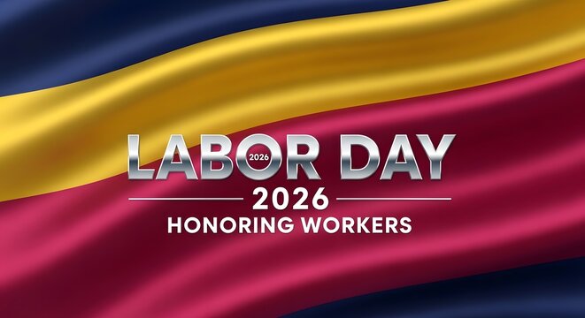Labor day 2026 graphic with ribbon and waving flag background