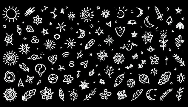 Hand drawn celestial doodle icons set on black background for creative design