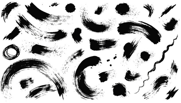 Collection of black ink brush strokes and artistic paint marks on white background