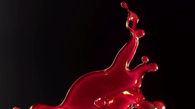 Glossy crimson liquid arch rising against deep black background with elongated crest, scattered droplets, narrow tendrils, smooth reflections, and dramatic abstract contrast