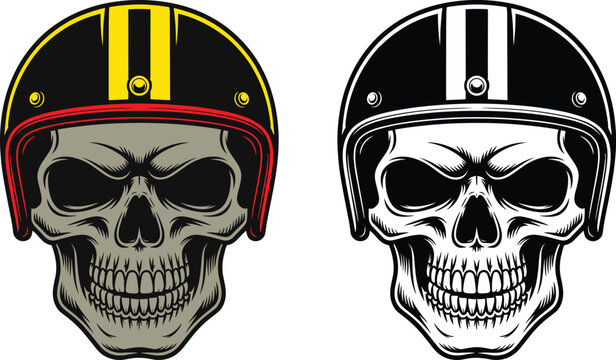 Menacing skull with a classic motorcycle helmet featuring yellow stripes, in color and detailed black and white line