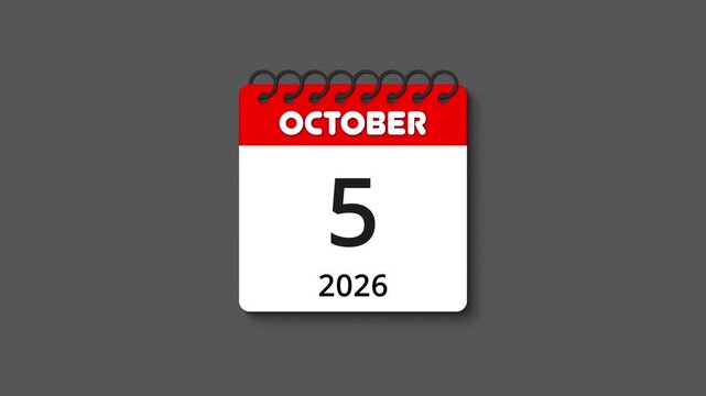 Monthly calendar animation with spiral ring coil binding, tear-off effect and realistic shadow for October 2026, perfect for time, schedule, event, and planning themes, transparent alpha channel BG