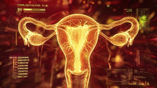 Glowing uterus illustration stays centered in front view with fallopian tubes and ovaries outlined in gold light, surrounded by floating data panels, spark particles, soft bokeh, and dark red