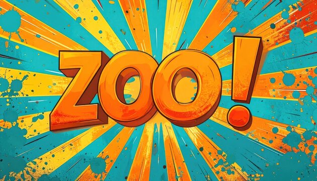 Comic style zoo word art on orange burst background.