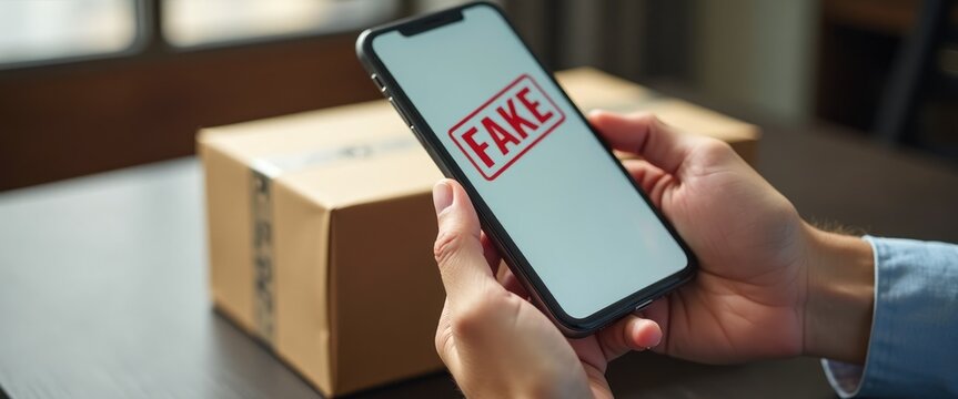 Person Holding Smartphone with "Fake" Stamp Near Package in a Room