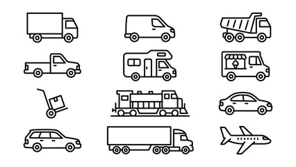 Various transportation vehicles icons including trucks cars airplane and handcart on white background © Sirin