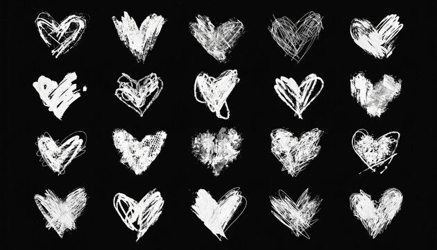 Hand Drawn White Chalk Heart Shapes Collection on a Black Background Style