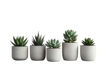 Fototapeta premium Row of various succulents and cacti houseplants in white ceramic pots, offering minimalist aesthetic and natural decor on a transparent background