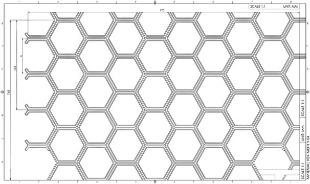 Technical blueprint featuring a seamless hexagonal grid pattern with engineering dimensioning for industrial design applications