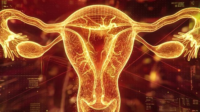 Bright gold uterus, fallopian tubes, and ovaries glow at center over deep red futuristic interface, with floating data panels, drifting particles, and clean clinical science mood, with uterus, ovary