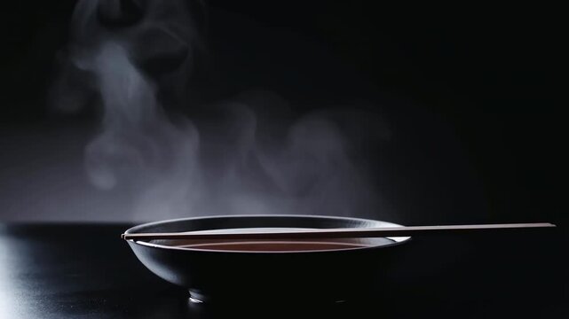 Low angle dark ceramic bowl and plate with rising steam, slim reflective rim highlight, minimalist tabletop composition and moody negative space, with steam, bowl, plate, rim detail