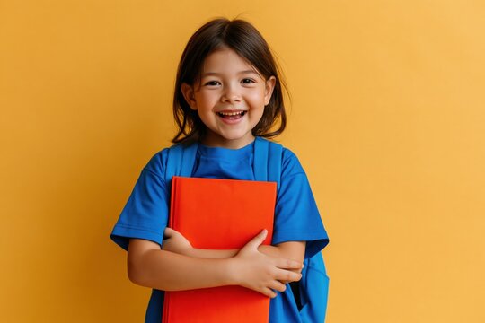 Smiling elementary girl holding red book with backpack against yellow background for school poster and learning banner