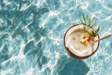 Obraz premium Tropical drink floating poolside refreshment.