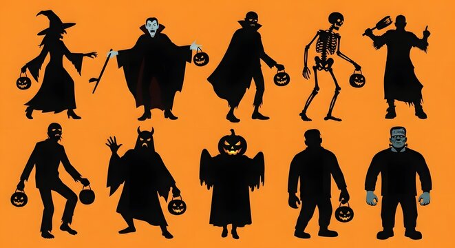 Happy halloween silhouettes witch vampire skeleton and monster characters for festive designs