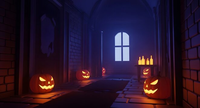Happy halloween spooky pumpkins in a dark castle corridor