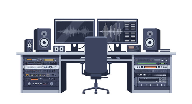 Professional Recording Studio Equipment Setup with Dual Monitors and Rack Mount Gear on White Background