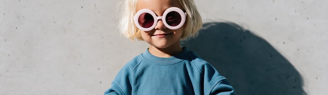 Smiling blonde toddler wearing oversized round pink sunglasses against a concrete wall for portrait background and banner design