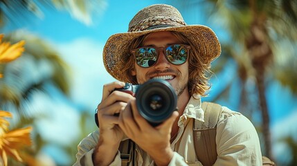 Smiling man with long hair and hat takes photos with a camera among palm trees on a sunny day