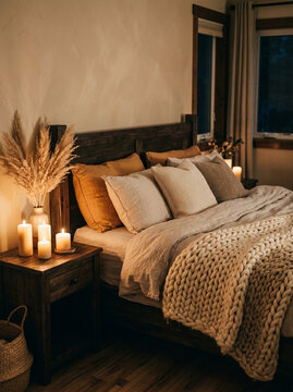 Cozy bedroom with candles and pillows.