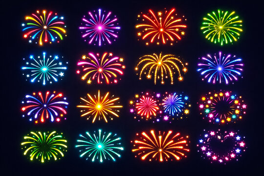 Colorful Fireworks Explosions on Black Background