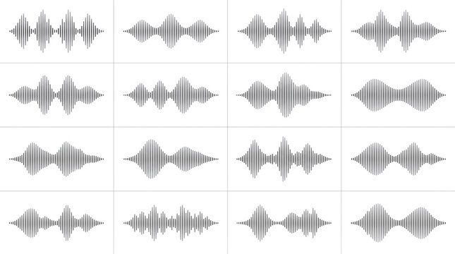 Collection of digital sound wave patterns displayed on a white background in a minimalist style
